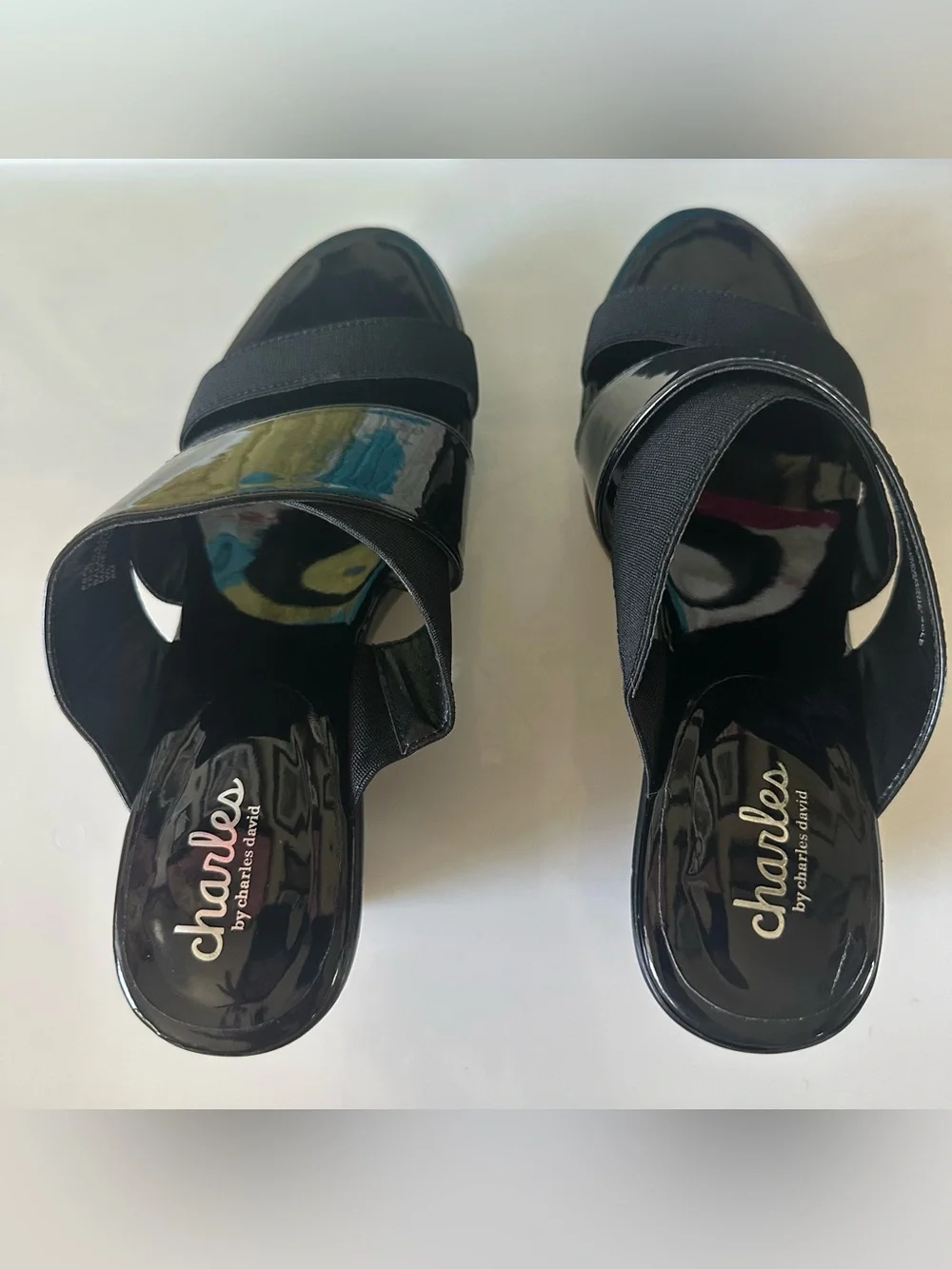 charles by charles david black patent vegan leather wedges w wide elastic / sz 8